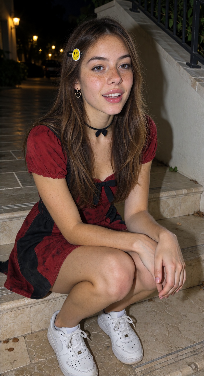 RileyX,  A candid nighttime flash photograph of RileyX,  a young woman with long straight brown hair on Tensor.Art