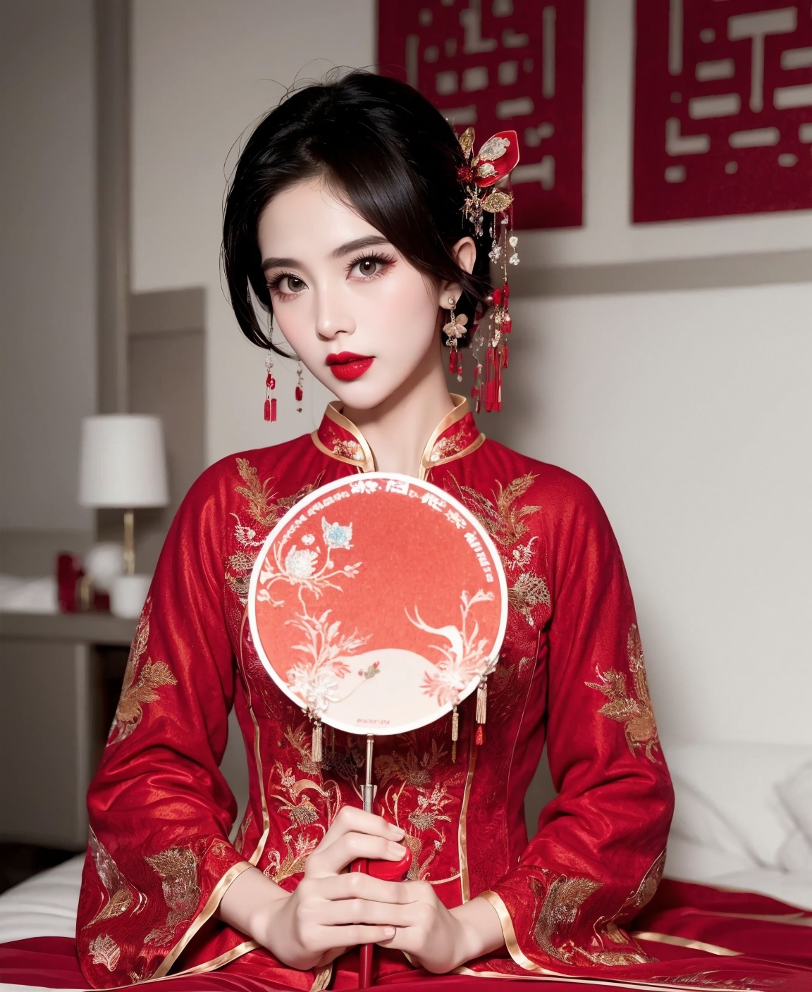 1 girl, Diamond earrings ,lipstick,,,,,black hair,,, ,embroider，solo，，transparent，red，Full breasts，printing，,solo，temperament ，cheongsam，Upper half photo，close-up，red dress，Close up，side，Side photo，red dress，sit on the bed， hand_fan, solo, holding_fan, black_hair, red_lips, paper_fan, holding, lips, makeup, looking_at_viewer, chinese_clothes, lipstick, folding_fan  <lora:秀禾服抖音利世1.1:1>