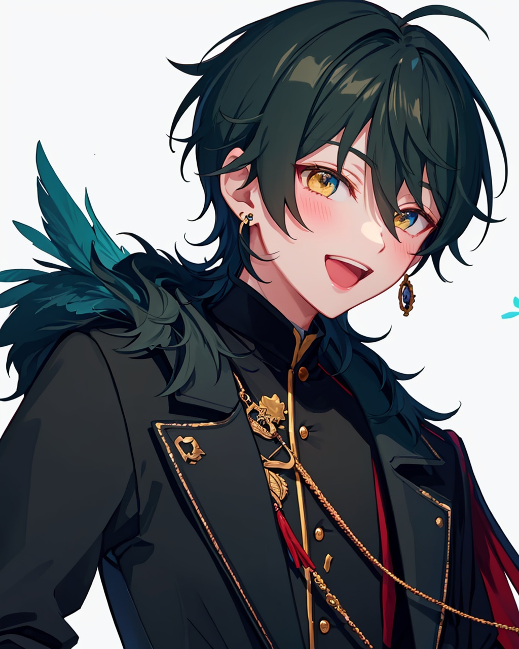 masterpiece,best quality, highly detailed, kagehira mika,1boy, male focus, solo, earrings, feathers, smile, pale skin, white background, open mouth, blush, virtual youtuber, facing to the side, blurry,<lora:kagehira_mika:1>