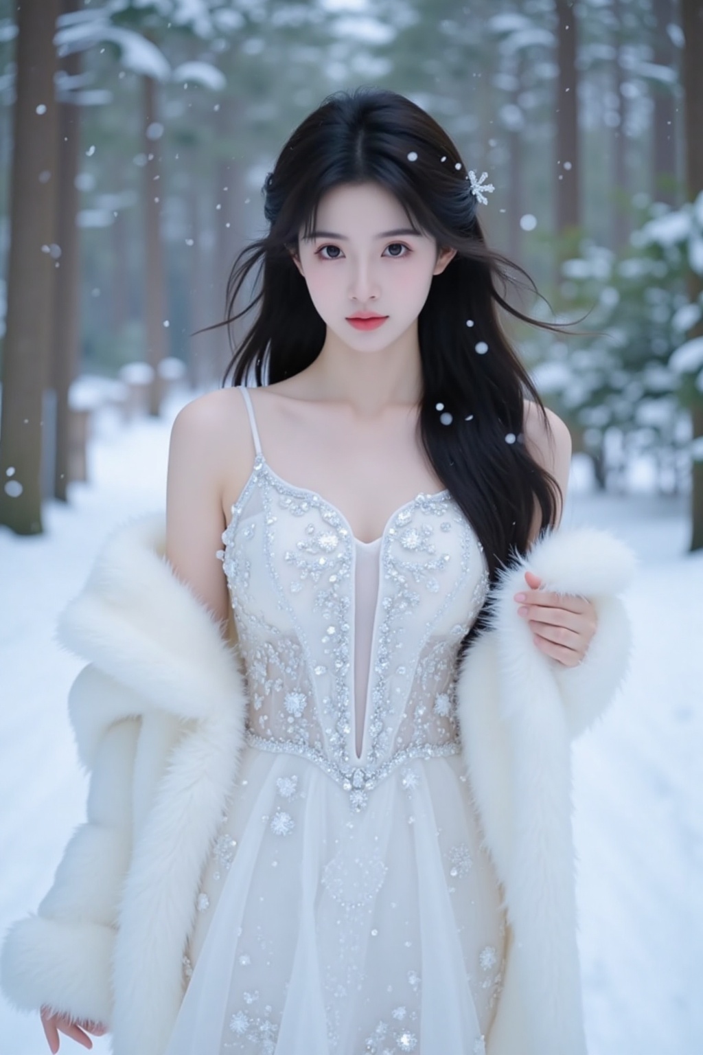 TYZ,A black-haired woman stands in a snowy forest,her long hair draped over her shoulders,with several strands clinging to tiny snowflakes. She wears a pure white fur dress adorned with shimmering silver threads,as if blending into the snowy landscape. Her makeup is fresh and natural,with a light pink lipstick and bright eyes adding to her ethereal quality.,The background is a forest covered with thick snow,with pine branches adorned with crystal snowflakes,and fine snowflakes drifting in the sky,creating a dreamy and tranquil atmosphere. She stands on a path covered with snow,in an elegant posture looking forward,as if waiting for something.,The entire scene is filled with the romance and purity of winter,with the lightness of the dress complementing the beauty of the snowy landscape,presenting a realistic and delicate photographic texture,suitable for winter-themed photographic works or illustrations.,