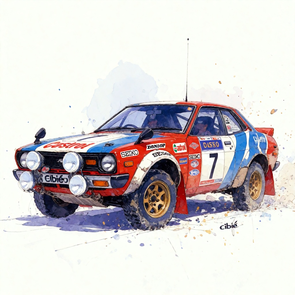 An artistic digital watercolor-style illustration of a vintage 1981 Datsun Violet GT Safari Rally car,  number 7,  isolate...