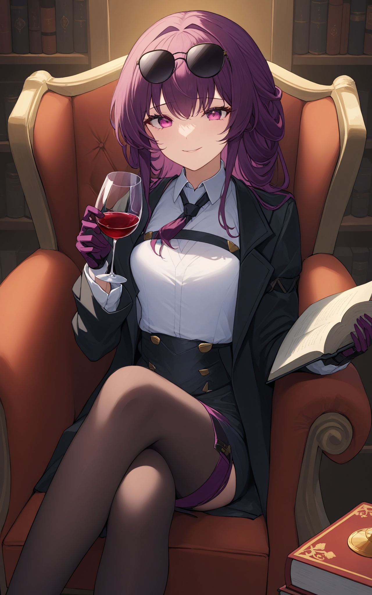 eyewear_on_head,1girl,solo,chair,gloves,wine_glass,smile,cup,long_sleeves,wine,shirt,drinking_glass,book,holding,reading,jacket,sunglasses,alcohol,purple_hair,closed_mouth,purple_eyes,white_shirt,sitting,black_jacket,black_necktie,bangs,necktie,open_book,pink_eyes,long_hair,border,black_gloves,absurdres,<lora:kafka:1:lbw=outall>,(vivid color,hdr:1.2),, 1girl,,  (masterpiece,best quality:1.2),absurdres