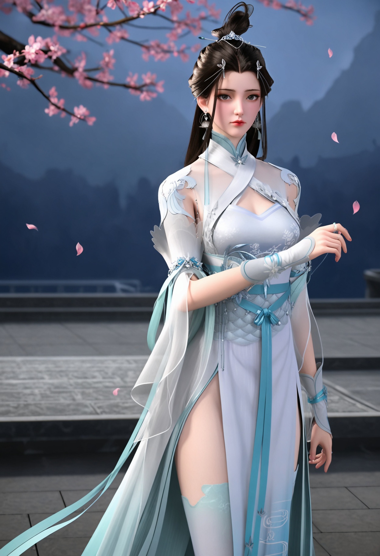 (standing full_body:1.1),(looking at viewer:1.1),masterpiece,(best quality),smog,Dark room,dim lighting,peach blossom,falling petals,<lora:YQ_Illustrious光辉v5_萧轻雪_V1:0.8>,q1528437228,solo,1girl,long hair,dress,black hair,jewelry,white dress,earrings,hair ornament,chinese clothes,hair bun,forehead mark,sash,brown hair,thighhighs,single hair bun,china dress,white thighhighs,long sleeves,detached sleeves,side slit,gloves,hair rings,