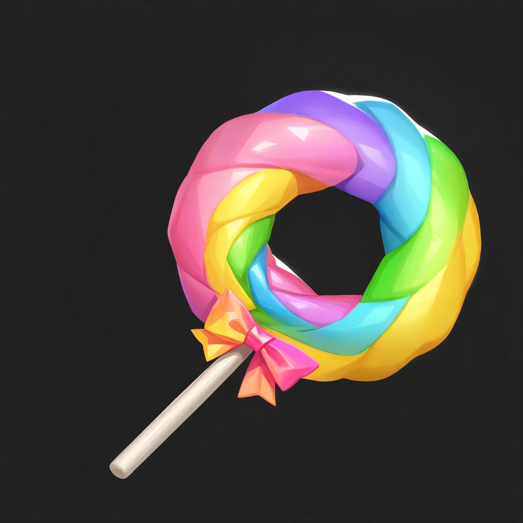 best quality,masterpiece,ultra high resolution,full composition,cartoon,(game props),Sweet candy style rainbow lollipop, spiral gradient color hard candy body, hard candy surface high light reflection, colorful satin bow decoration,<lora:T2-bb:0.85>,ywbo,game_icon,