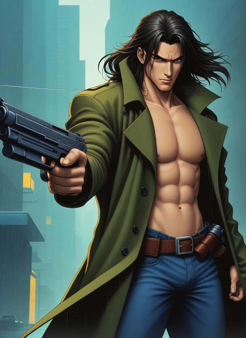 anime, 1980s \(style\), cel shading, 1boy, bishounen, long hair, abs, muscular male, trenchcoat, cyberpunk, holding gun, action, cityscape, rain