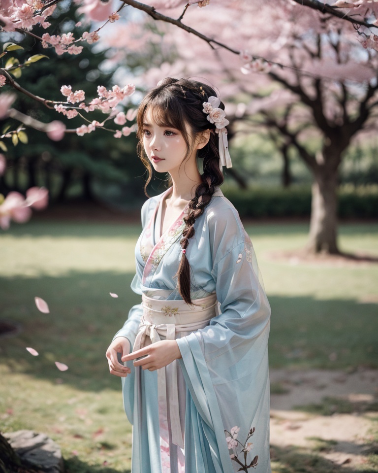 hanfu lulu,1girl,solo,flower,brown hair,hair ornament,realistic,hair flower,hanfu,chinese clothes,dress,blurry background,wide sleeves,long hair,standing,braid,long sleeves,outdoors,blurry,sash,looking to the side,cherry blossoms,<lora:hanfu lulu_20231203210612:0.5>,