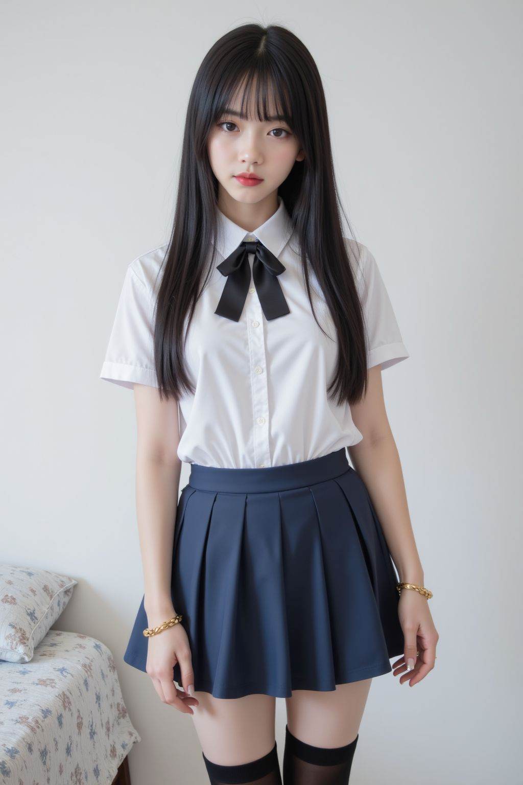A young girl is standing and facing the viewer, slightly off-center to the left in a medium shot. She appears to be in her early twenties. She wears a white, short-sleeved collared shirt with a black bow tie, a blue pleated mini-skirt, and black over-the-knee socks. A gold bracelet is visible on her left wrist. She has long, straight black hair with bangs, fair skin, and red lipstick. Her facial expression is neutral. The background is a plain white wall and a portion of a bed with patterned linens on the left side. The lighting appears to be natural, creating soft shadows. The overall composition is clean and simple. The style is somewhat suggestive, with emphasis on the woman's figure and clothing.