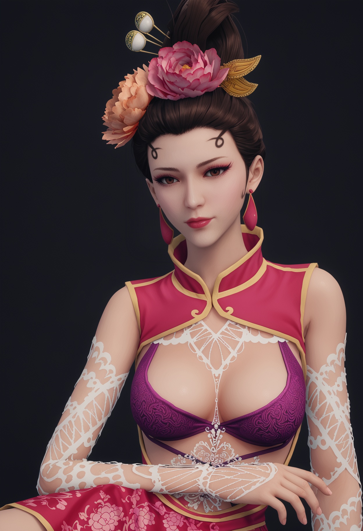 (cowboy shot:1.2),score_9,score_8_up,masterpiece,(best quality),intricate details,1girl,facing viewer,(looking at viewer:1.1),<lora:YQ_pony_fanyintian_V4:0.9:lbw=1,1,1,1,1,1,1,1,1,0.8,0.8,0.1>,q1528437228,1girl,solo,black hair,hair ornament,jewelry,chinese clothes,hair flower,earrings,dress,bra,lipstick,underwear,short hair,tattoo,black eyes,eyeshadow,china dress,hair bun,anklet,gloves,brown eyes,brown hair,sleeveless,lingerie,leg tattoo,BREAKscore_9,score_8_up,masterpiece,(best quality),perfect anatomy,(hourglass),perfect face,(simple background,pure black background,black background:1.1),fair_skin,shiny_skin,Ivory_skin,