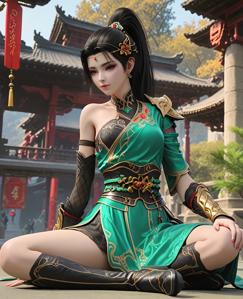 (oriental architecture, elegant decor, sophisticated style:1.1),Arms wrapped around the legs, sitting,,(breasts:1.2),<lora:XL16大主宰唐芊儿:0.95>,miss tangqianer,green single-sleeve robe,black miniskirt,gray eyes,black hair,ponytail,hair ornament,pauldron,sash,bracer,single bare shoulder,asymmetrical fishnets,high-heeled knee boots,black underwear,, zPDXL2, score_9, score_8_up, score_7_up BREAK realistic, masterpiece,best quality, highly detailed,, zPDXL3, zPDXL2,zPDXL, zPDXLxxx, zPDXLrl,