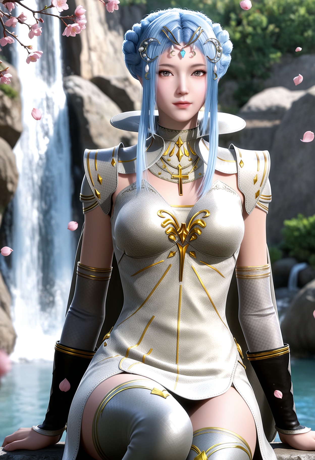 masterpiece,best quality,amazing quality,high resolution,ultra-detailed,absurdres,(looking at viewer:1.1),(upper body:1.1),(moody lighting:1.1),waterfall,peach blossom,falling petals BREAK large breasts,tangyuehua,1girl,solo,light blue hair,hair ornament,hair bun,dress,sidelocks,braid,elbow gloves,realistic,brown eyes,high collar,necklace,detached sleeves,golden cross decoration,jewelry,armor,long hair,cape,thighhighs,thigh boots BREAK photorealistic details,<lora:QQSilltangyuehuaV1:0.8>,