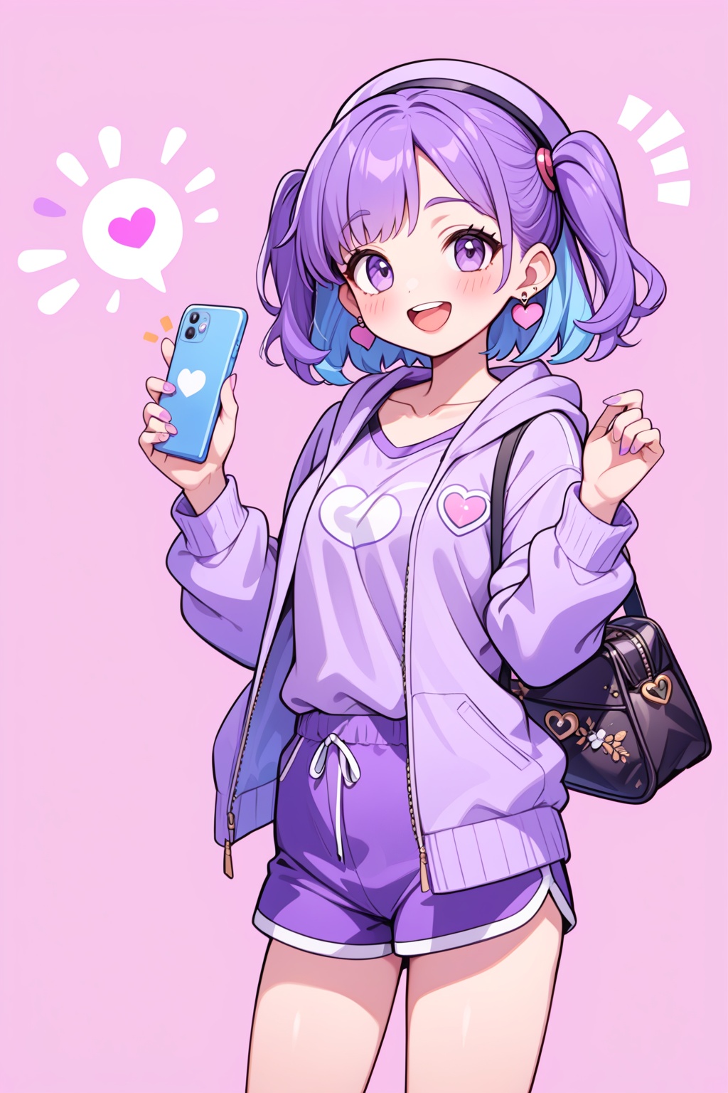1girl, solo, purple eyes, smile, earrings, jewelry, bag, purple shirt, holding, purple hair, open mouth, pink background, looking at viewer, jacket, shirt, bangs, shorts, open clothes, hat, blue hair, heart, :d, multicolored hair, blush, open jacket, long sleeves, cowboy shot, phone, shoulder bag, heart earrings, teeth, notice lines, hood, simple background, two side up, collarbone, purple shorts, upper teeth only, hood down, short hair, hands up, holding phone, cellphone, standing, two-tone hair, hooded jacket<lora:糖果森林_XL_LoRA_v1.1:1.3>,, masterpiece,best quality,very aesthetic,absurdres,