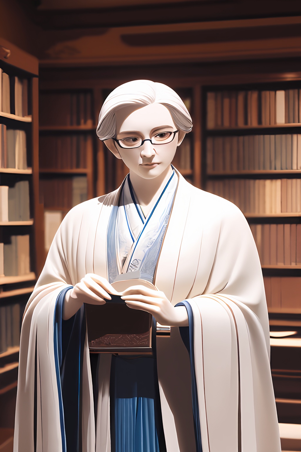shouban,<lora:手办_v1.0:0.6>,1boy,old,in a historic library,a white haired old scholar,glasses slide to the tip of the nose,focusing on studying a precious ancient book,he was dressed in a traditional scholar robe,surrounded by towering bookshelves,every book seems to carry the weight of wisdom,