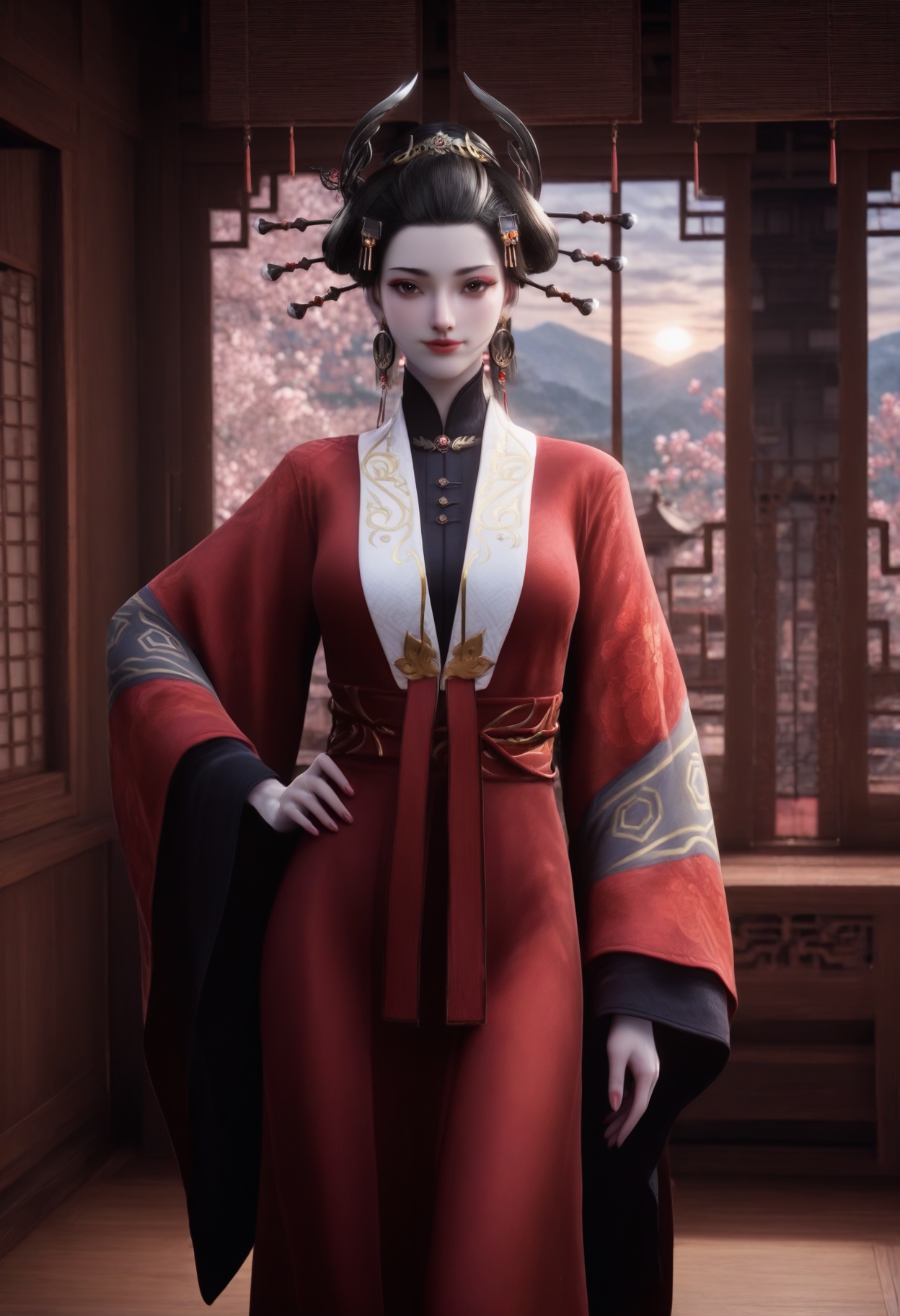 Yan_furen,1girl,black hair,looking at viewer,hair ornament,jewelry,brown eyes,earrings,hair stick,updo,hair pulled back,horns,hair stick,<lora:Yan_furen_10_illu-000010:0.75>,chinese clothes,wide sleeves,long sleeves,hanfu,red dress,photorealistic,hyperrealistic,<lora:realistic filter [IL]:1>,(pale skin:1.2),looking at viewer,standing,one hand on hiplantern,open window,looking at viewer,indoors,mountains,blossoms,flowers,east asian architecture,beautiful sunrise,warm ambient temperature,
