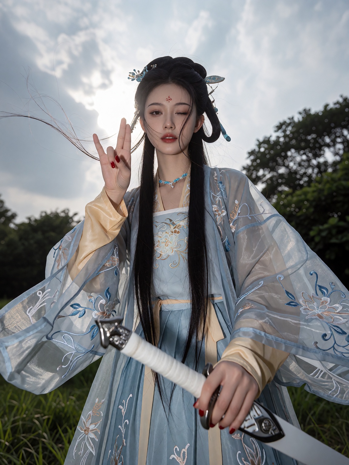 一位身着精致古风汉服的年轻女子站在户外,  她身穿浅蓝色绣花长袍,  外披半透明薄纱斗篷 on Tensor.Art