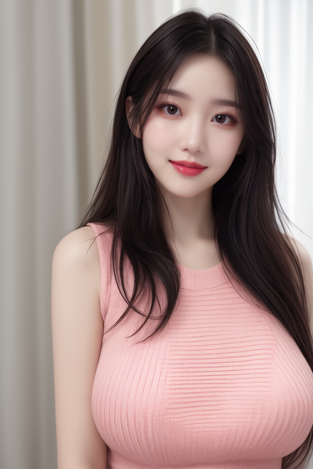 1girl, black hair,huge breasts, brown eyes, curtains, indoors, lips, lipstick, long hair, looking at viewer, makeup, pink sweater, sleeveless, smile, solo, sweater, upper body <lora:肉嘟嘟:0.8>