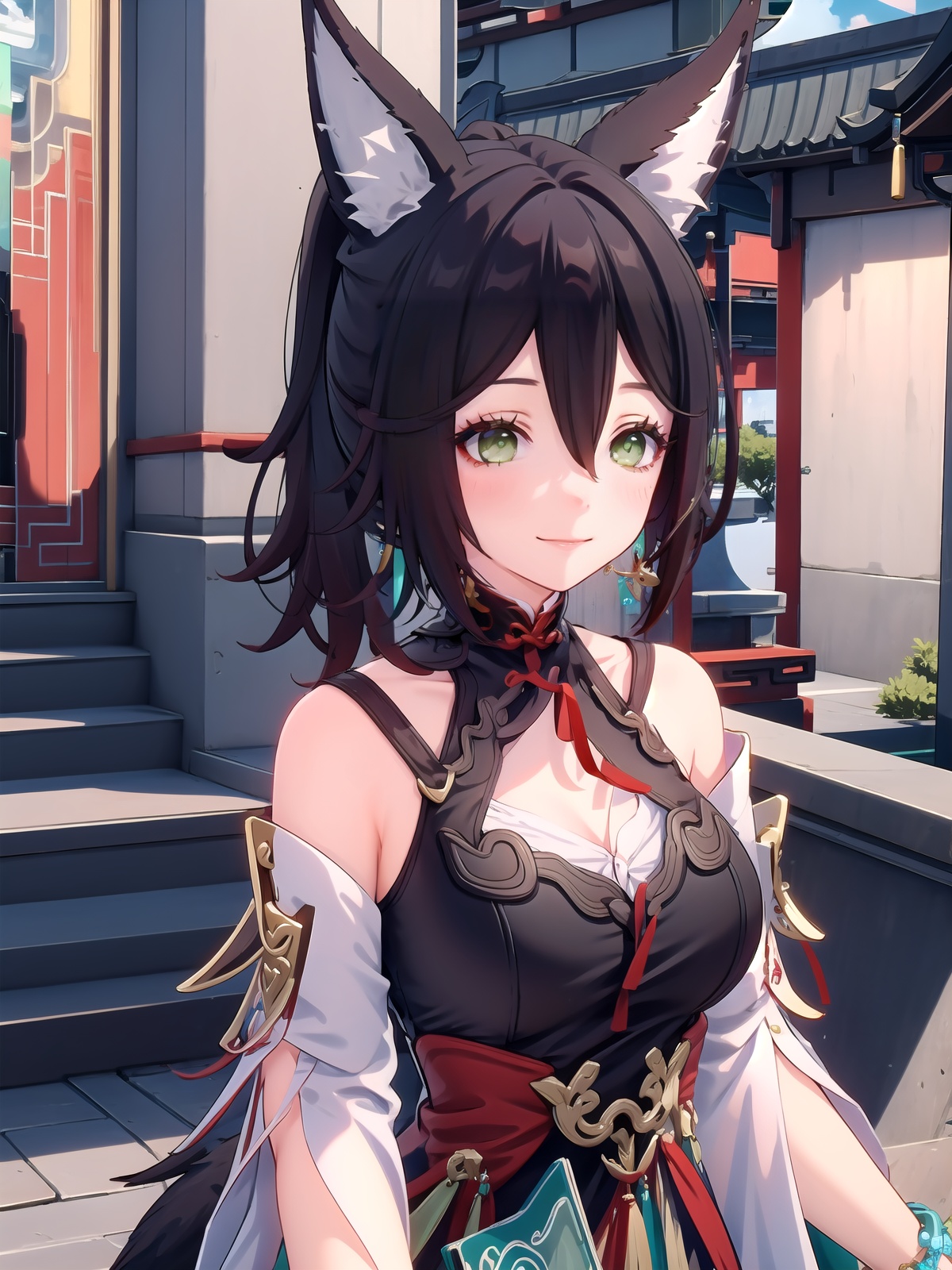 SFW,depth of field,<lora:[角色]-[停云-星穹铁道]StarRail_Tingyun_AP_v1:0.9>,1girl,seducing smile,solo,official,brown hair,animal ears,ponytail,hair ornament,green eyes,red eyeshadow,jewelry,detached sleeves,medium breasts,dress,tail,bracelet,one tail,mouth slightly open,chinese style background,bling bling,wallet,girl listening to the wallet,, (best quality),((masterpiece)),