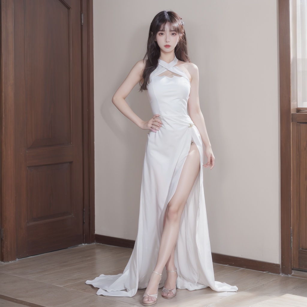 1girl, dress, Indoor, standing, full_body,hand on hip,<lora:20231109-1699510907344:0.6>