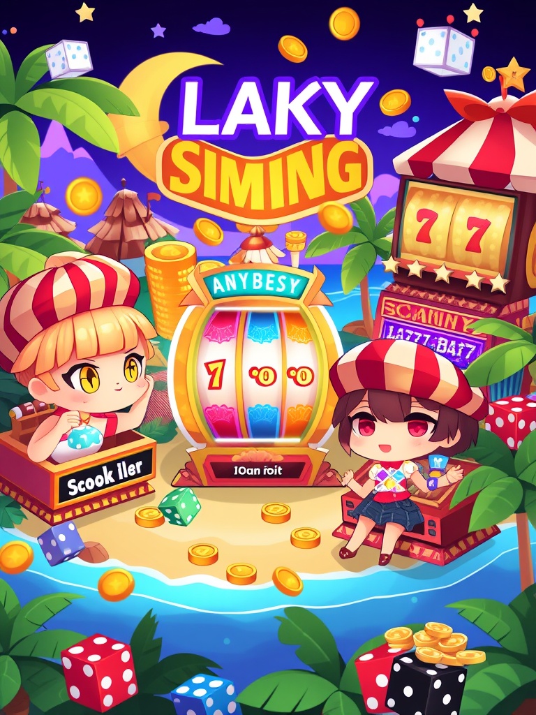 style_mix,  A fantasy island with chibi characters playing with magical slot machines,  surrounded by palm trees on Tensor...