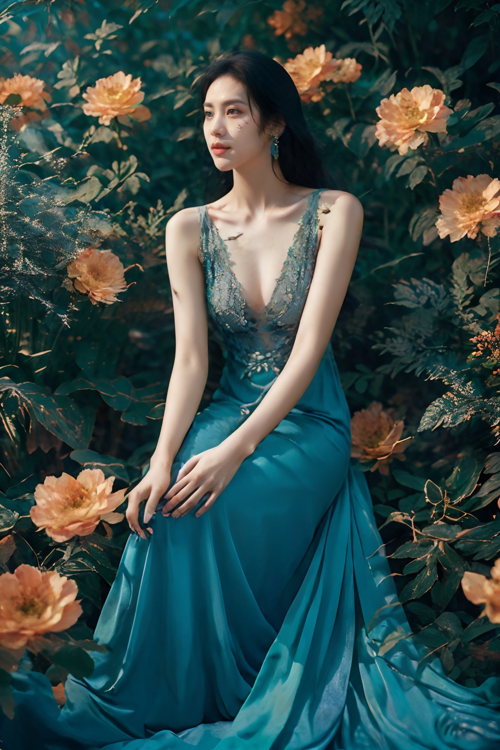 sd_mai, fanhuashijin, 1girl, dress, solo, jewelry, flower, earrings, black hair, breasts, blue dress, sitting, realistic, long hair <lora:繁花似锦:0.8>