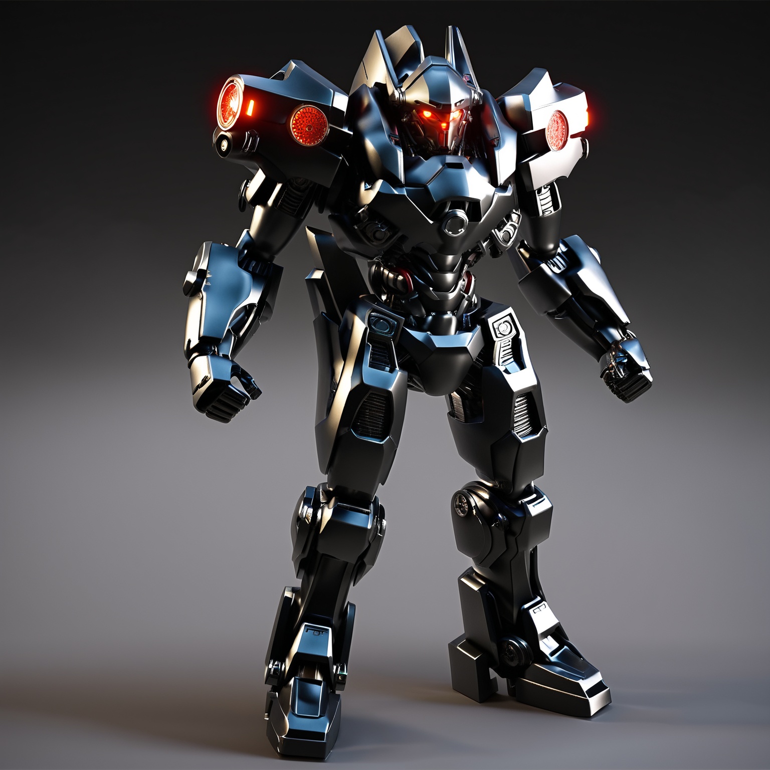 score_9, score_8_up, score_7_up, best quality, masterpiece, source_anime, <lora:jijia-pony-Tanger-000006:0.8>,jijia, 3d, CG, robot, mecha, science fiction, solo, no humans, standing, clenched hand, red eyes, glowing, one-eyed, weapon, open hand, gradient background,a close up of a black and white robot,a model of a huge black and silver robot