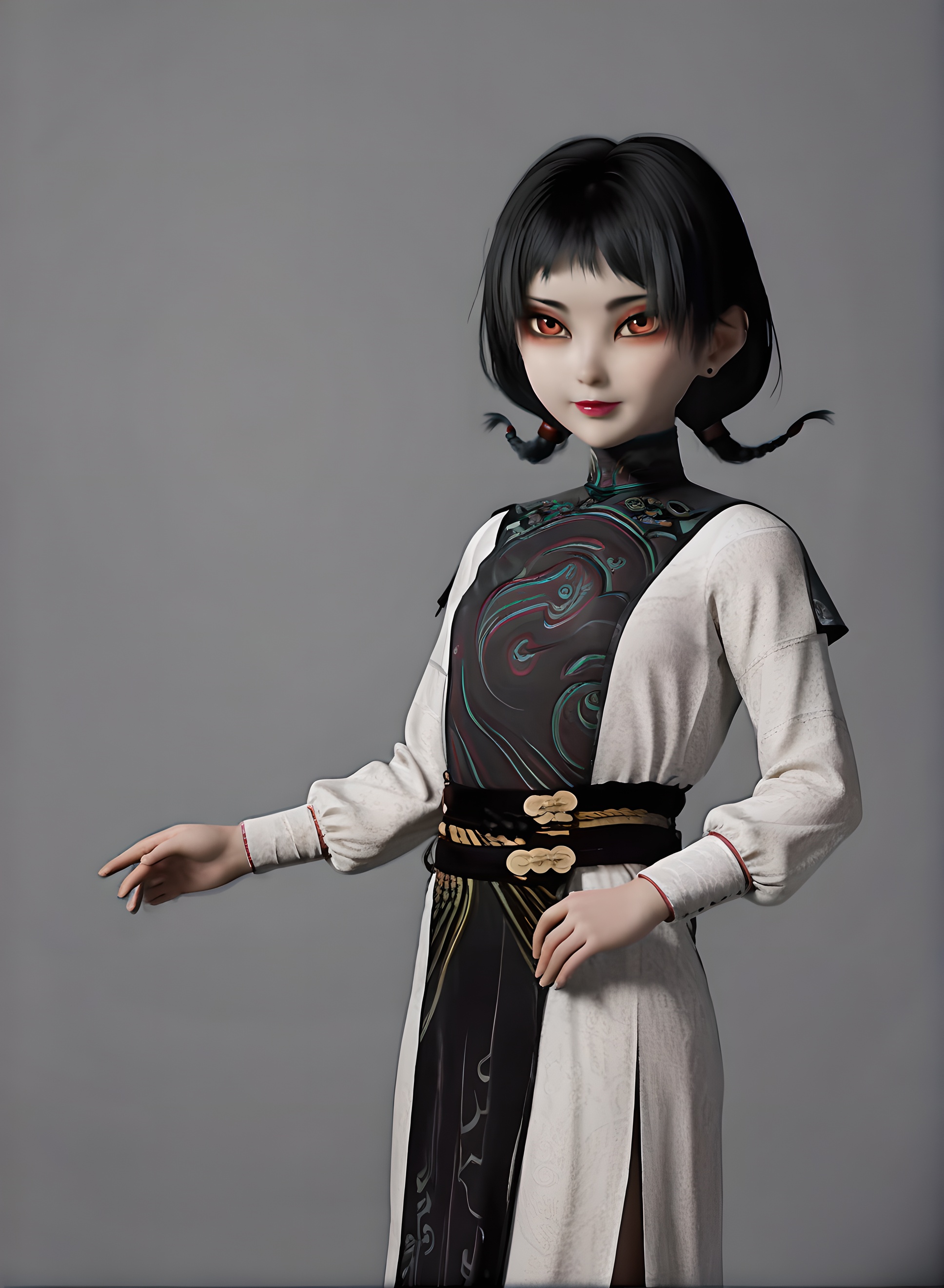 fair_skin,white_skin,Ivory_skin,score_9,<lora:SF_AJie_Pony_Realism-000003:0.72>,dress,chinese clothes,black hair,bangs,braid,1girl,breasts,standing,short hair,makeup,earrings,long sleeves,solo,looking at viewer,simple background,