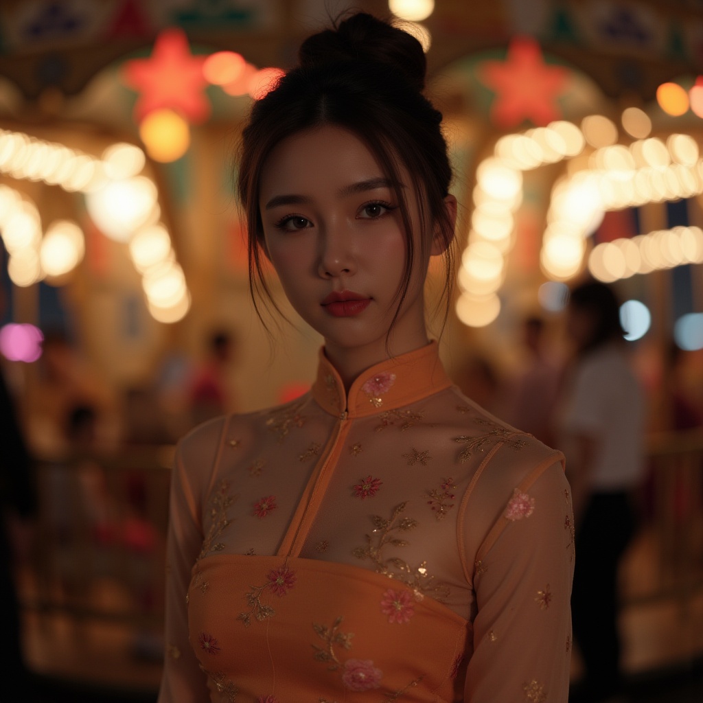 (((night scene))),light spots,blurred foreground,blurred background,bun,(((realistic facial skin))),((look elsewhere:1.6)),(((dark theme))),stunning beauty,a beautiful Chinese girl,character background,(half-length lens:1.6),slender hands,concave and convex body curves,exquisite facial features,Chinese clothing,(((wearing solid color transparent Chinese dress))),(ultra-detailed Chinese clothing details),transparency,waist and hip focus,virtual depth of field,16k image quality,rendered by octane number,playground,((((carousel)))),lighting,crowd,thick thighs,3d image quality beauty,details,light and shadow,soft face light,Chinese clothing,(big ass:1.5),16K -- ar 9:16 -- s 750 -- niji 5,