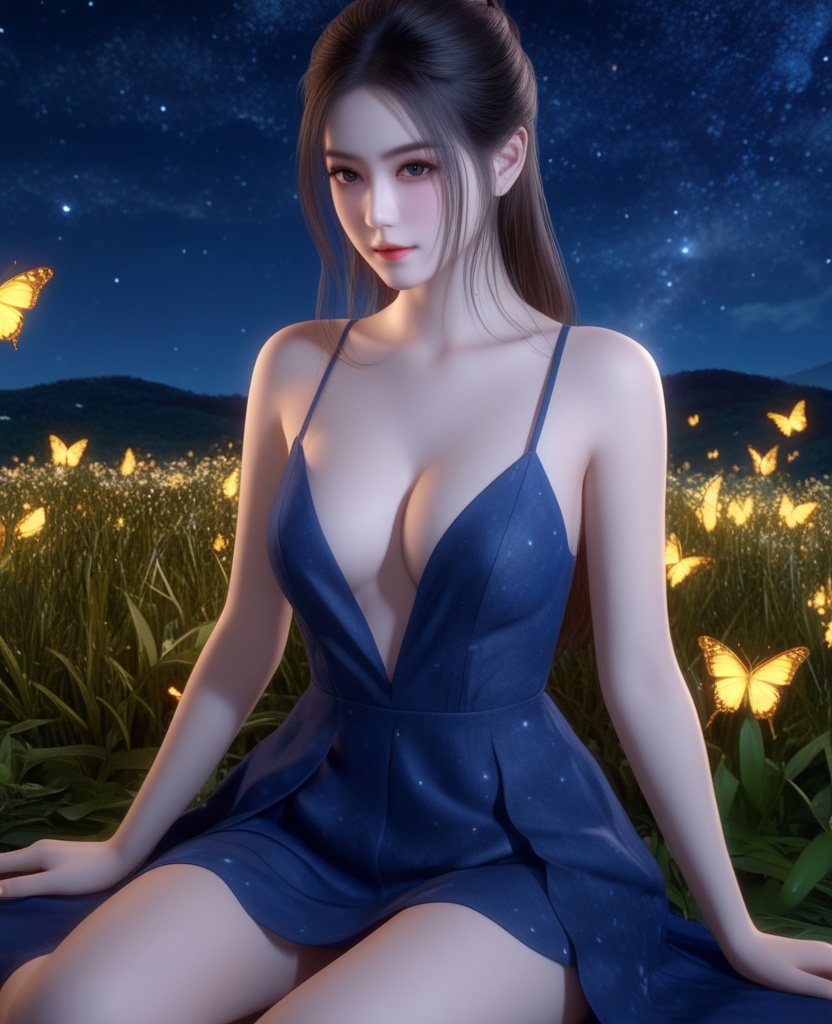 <lora:609-DA-XL-天行九歌-焰灵-水中:0.8>(,1girl, ,best quality, ),looking at viewer,  ,ultra detailed background,ultra detailed background,ultra realistic 8k cg, ,masterpiece, (( , )),,  fiction,mole, , ,      ,, 1girl,butterfly sitting,  night, star_\(sky\)(cleavage),