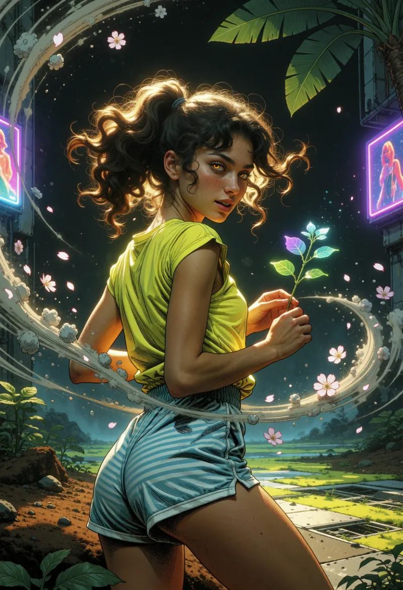 Elena Solís,  a young woman of Spanish nationality,  is captured in a dynamic on Tensor.Art