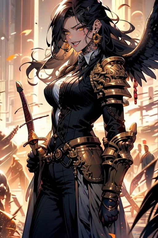 (masterpiece:1.2),best quality,highres,extremely detailed CG,perfect lighting,8k wallpaper,anime,comic,game CG,1girl, weapon, long hair, bow (weapon), black hair, quiver, tattoo, holding, white background, arrow (projectile), arm tattoo, holding weapon, simple background, jewelry, earrings, dog, belt, animal, breasts, holding bow (weapon), capelet, armor, pants, standing, yellow eyes, wavy hair, solo, boots, tongue, feet out of frame<lora:FF_20240226194024:1>,