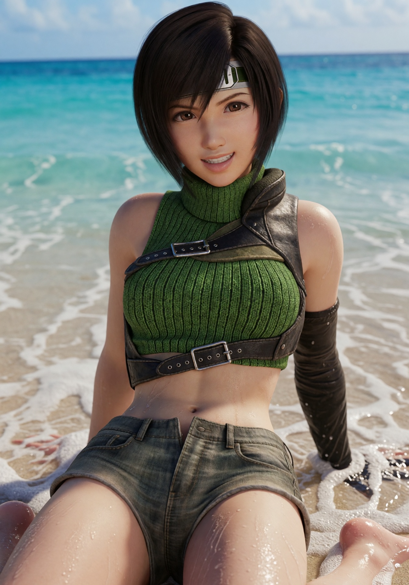 a still image of yuffie7,  she is a young woman with short dark hair,  She is wearing a green crop top on Tensor.Art