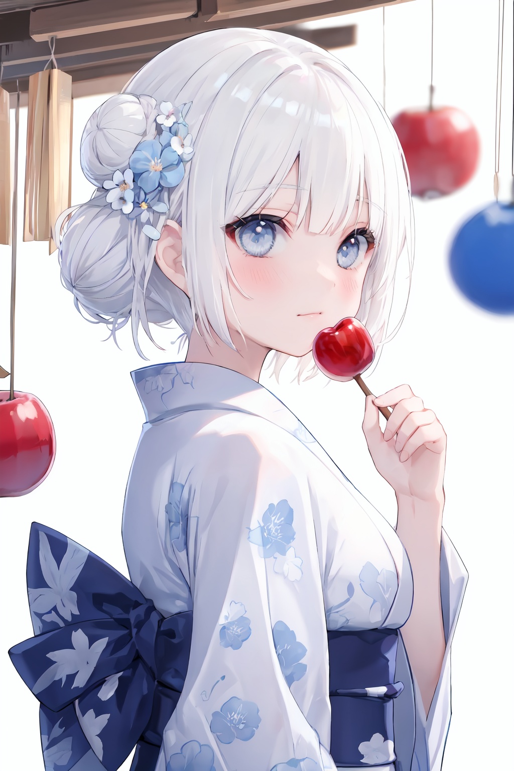 1girl, solo, japanese clothes, kimono, food, looking at viewer, hair ornament, holding, blush, bangs, upper body, candy apple, holding food, white hair, yukata, hair bun, closed mouth, wind chime, floral print, grey eyes, braid, flower, long sleeves, sash, white background, from side, hair flower, obi, back bow, bow, white kimono, single hair bun, breasts, looking to the side, blue flower, print kimono, short hair, blue eyes, bright eyes, clear eyes, mi-style
