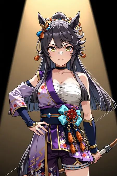 <lora:Narita_Brian:0.8>,narita brian \(umamusume\),horse ears,yellow eyes,long hair,horse girl,ponytail,black hair,horse tail,bangs,tail,hair between eyes,narita brian \(heavenly laughter kaburaya\) \(umamusume\),official alternate costume,ear ornament,bandaid on nose,single sleeve,single bare shoulder,detached sleeves,asymmetrical sleeves,chest sarashi,japanese clothes,asymmetrical clothes,obi,sash,long sleeves,purple kimono,strapless,floral print,rope,shimenawa,shorts,holding bow \(weapon\),, 1girl,solo,smile,looking at viewer,cowboy shot,pose,spotlight,