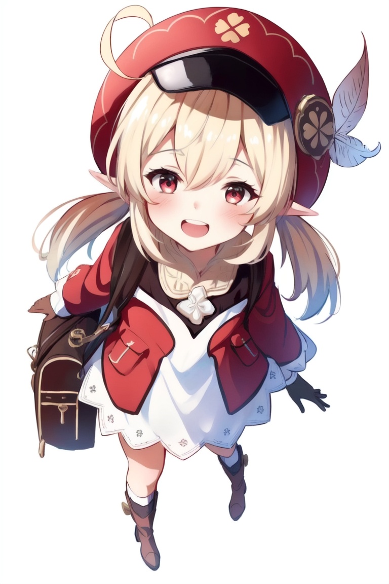 ((HRD, HUD, 8K)),((masterpiece, best quality)), highly detailed,Klee, 1girl, klee (genshin impact), hat, solo, red eyes, gloves, bag, backpack, ahoge, looking at viewer, blonde hair, pointy ears, boots, red headwear, twintails, smile, open mouth, dress, red dress, long sleeves, brown footwear, cabbie hat, bangs, hat feather, full body, feathers, hair between eyes, from above, standing, white background, brown gloves, blush, low twintails, white feathers, long hair, simple background, looking up,  <lora:20240702-1719916281946:0.8>