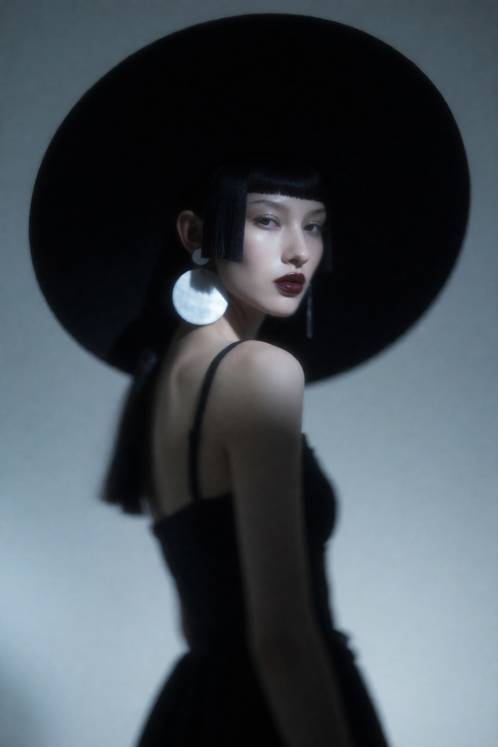 avant-garde fashion portrait of a woman looking over her shoulder,  enormous black circular hat framing her face in silhou...