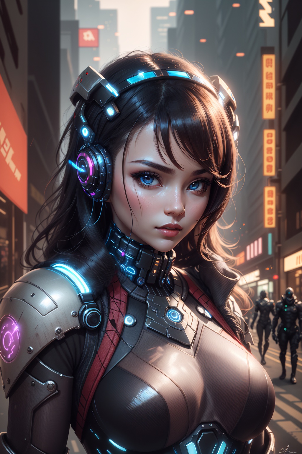 cyberpunkAI,1girl,cyberpunk,red armor suit,futuristic,woman,asian,portrait,city lights,mechanical elements,high-tech,<lora:cyberpunkAI:0.8>,, masterpiece,best quality,