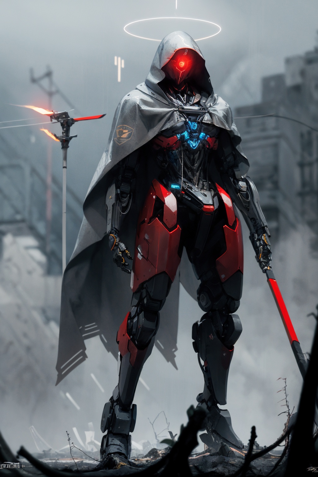 -science fiction, robot, solo, holding, glowing, weapon, humanoid robot, holding weapon, mecha, cable, no humans, hood, glowing eye, 1boy, helmet,<lora:Apocalypse Aso_20240119162949:1>,Apocalypse Aso,