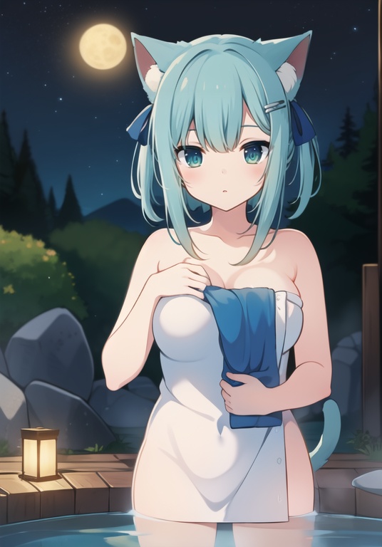 (best quality), ((masterpiece)), (highres), illustration, original, extremely detailed wallpaper.  <lora:cutegirl-000008:0.7>1girl, animal ears, solo, towel, tail, blue eyes, cat ears, cat tail, naked towel, looking at viewer, onsen, night, sky, star \(sky\), starry sky, blush, green hair, outdoors, breasts, hair ornament, night sky, hairclip, water, ribbon, bangs, holding, bucket, medium breasts, hair ribbon, sidelocks, bare shoulders, blue ribbon, shiny, steam, page number
