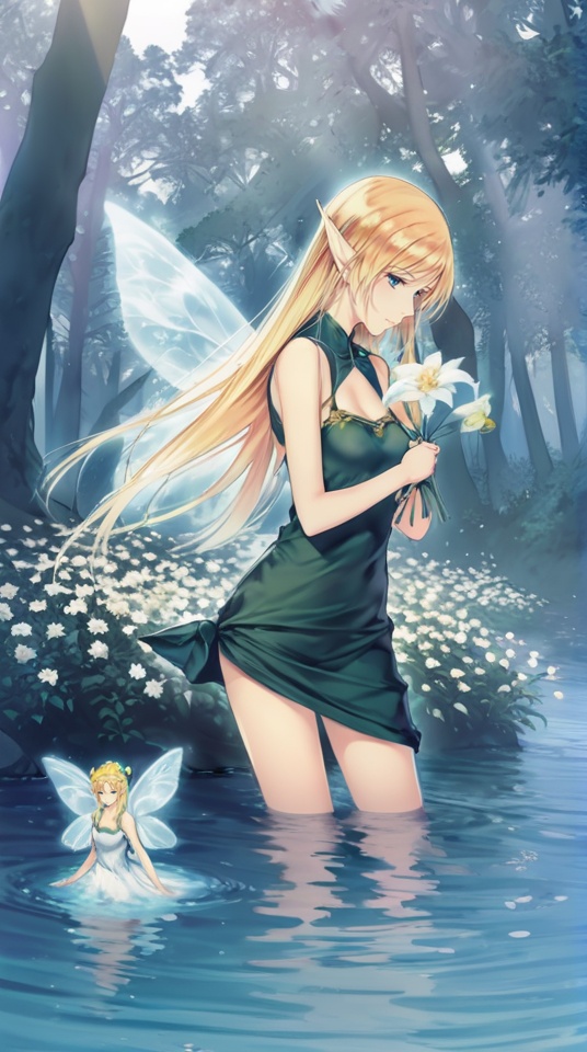 (best quality), ((masterpiece)), (highres), illustration, original, extremely detailed,   <lora:黑暗物语葬の花:0.7>pointy ears, blonde hair, flower, long hair, fairy, wading, holding flower, wings, elf, multiple girls, water, blue eyes, dress, tree, nature, fairy wings, 3girls, circlet, holding