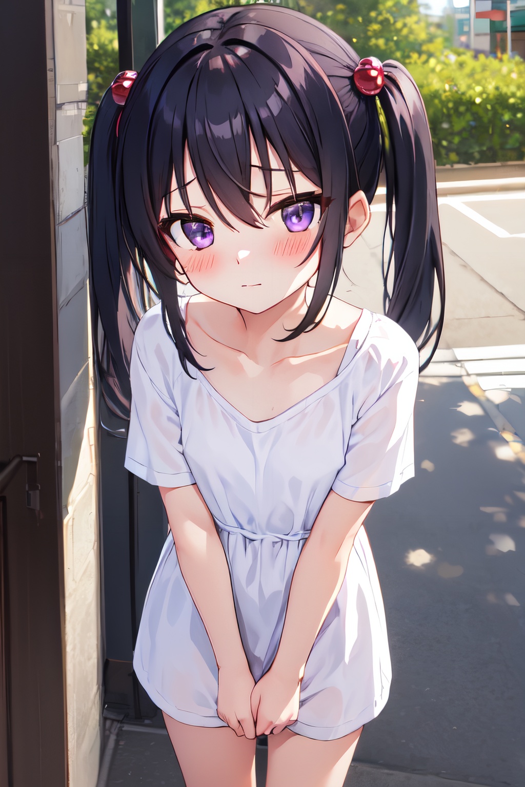 1girl, solo, blush, outdoors, twintails,  black hair, shirt,hair between eyes, looking at viewer, long hair, closed mouth, purple eyes, bangs, hair ornament, day, standing, short sleeves, collarbone