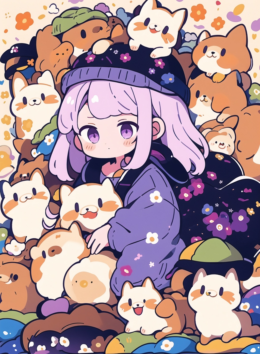 <lora:zgmaomao-000006:0.8>,1girl,zgmaomao,dog,solo,floral print,pink hair,hat,cat_on_head,sit,purple_jacket,long hair,kabutops,