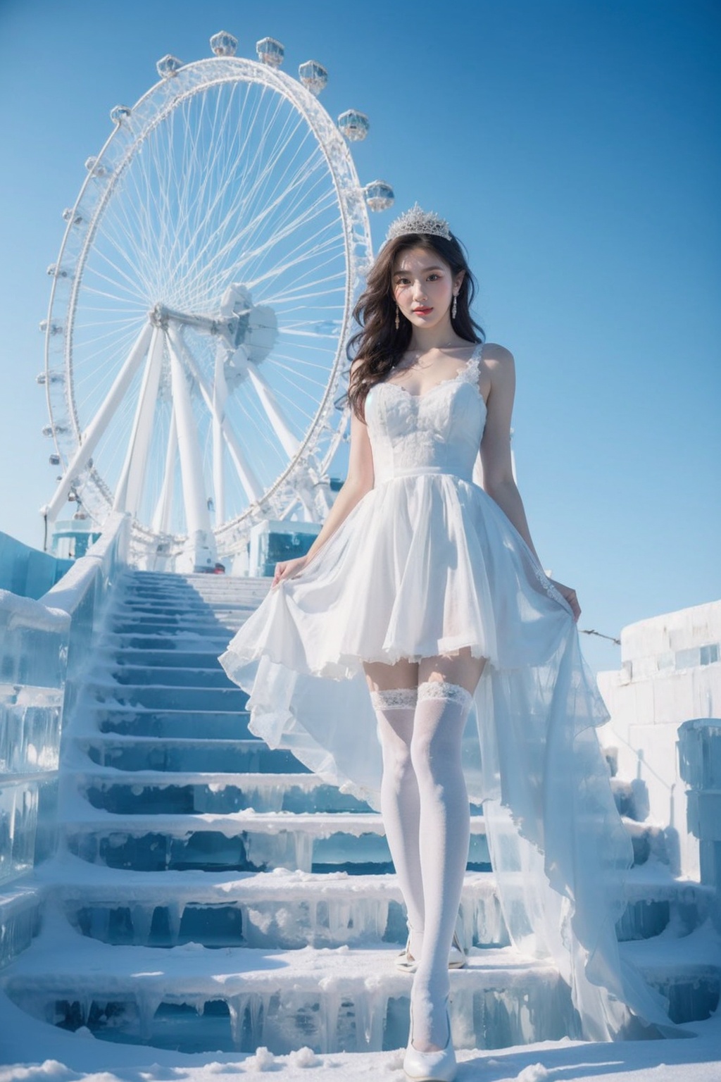 wearing a white dress,a girl wearing a wedding dress,white dress,ice and snow crown,elegant posture,high end long tail wedding dress,long legs,(white stockings:1.2),sky,cloud,ice castle,ferris wheel,looking_at_viewer,standing,<lora:Ice and Snow World_20231223195220-000010:0.7>,nikon lens,ice steps,1girl,solo,earrings,long hair,jewelry,realistic,brown hair,brown eyes,snowflakes,drifting snowflakes,