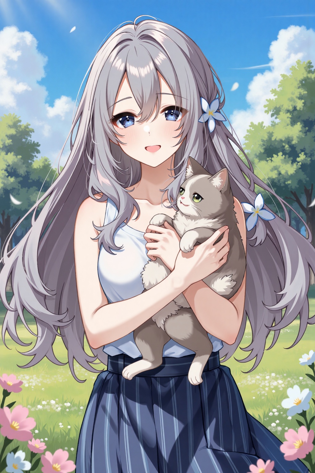 mio\(The end of summer\),light stain,anon,cool,mio\\\( The end of summer \\\),1girl,long hair,blue eyes,skirt,smile,flower,grey hair,holding animal,solo,cat,breasts,hair ornament,open mouth,floating hair,striped skirt,hair between eyes,looking at viewer,sleeveless,braid,:d,animal,hair flower,holding,outdoors,cleavage,vertical-striped skirt,striped clothes,blue skirt,collarbone,white shirt,blush,shirt,very long hair,sleeveless shirt,medium breasts,bare arms,