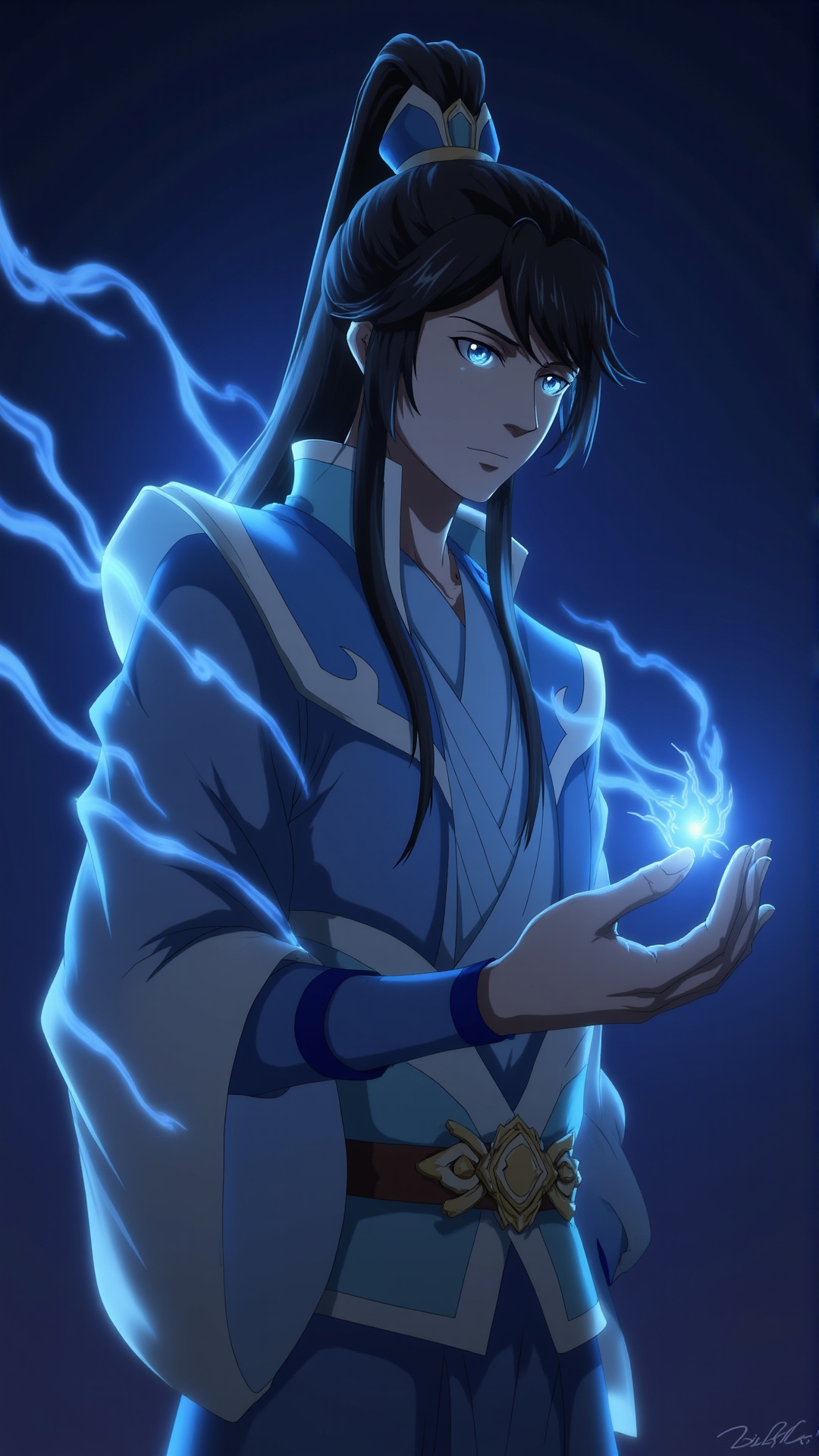1boy,full body,no weapon,hanfu,(blue electric arc:1.2),hand held electric arc,(wrapped in electricity all over the body),(blue theme),ray tracing,shadows,ultra sharp,metal,cold colors,Epic CG masterpiece,(3D rendering),facing camera,masterpiece,best quality,((ultra realistic details:1.5)),glass-like sparkling eyes are blurry and dreamy,(muscle tone and definition),(finely detailed features),stunning colors,cinematic lighting effects,super wide Angle,light particles,light particle art,(glowing:1.2),dynamic poses,surreal,futurism,concept art,exquisite facial features,super delicate face,<lora:F1-baixiaochun:0.8>,
