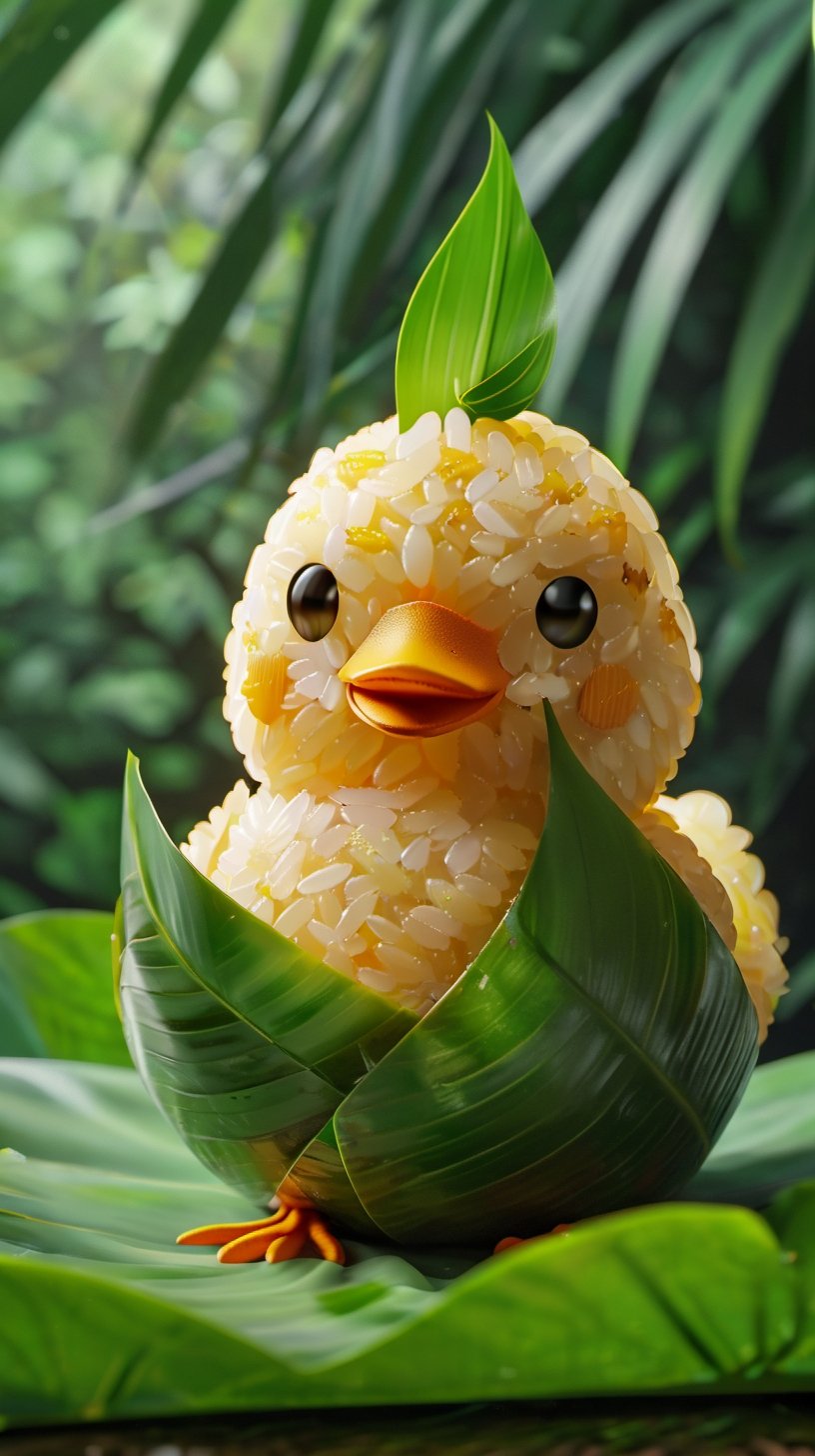 <lora:端午节——创意粽子_V1.0:0.8>,highly detailed,ultra-high resolutions,32K UHD,best quality,masterpiece,tao,chi,the painting is a vibrant and detailed depiction of a chick made out of rice. the chick is adorned with a green leaf on its head,and its eyes are black,giving it a cute and innocent appearance. the rice is shaped to resemble the chick's body,with its head,legs,and beak clearly visible. the background is filled with lush greenery,emphasizing the natural and organic theme of the artwork.,