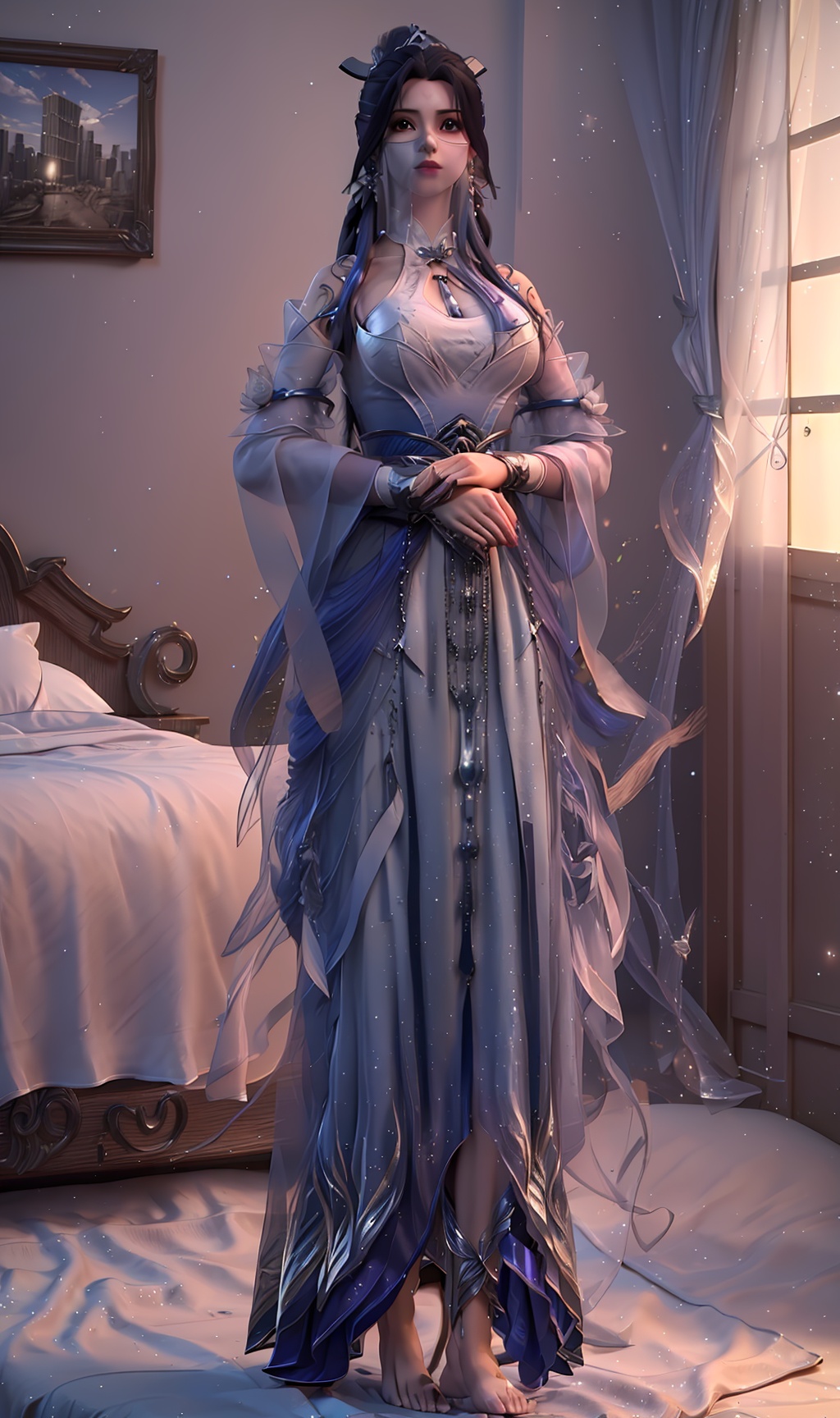 3D,masterpiece,(best quality),(makeup),official art, extremely detailed cg 8k wallpaper,((crystalstexture skin)), (extremely delicate and beautiful),(highly detailed),(collar),(facial_mark),(veil),(1girl), (solo), (jewelry), (earrings),(black_hair),(long_hair),(hair_ornament),(handwear),(breasts),(standing),(long_sleeves)((full_body,whole_body)),(closed_mouth),(dress),(skirt),(chinese_clothes),(multicolored_clothes),(multicolored_dress),(shiny_clothes),(city,indoor,bed),(shiny_clothes),,((looking_at_viewer)),((Facing the camera)),(barefoot), (anklet),, <lora:hipoly3DModelLora_v10:0.3>