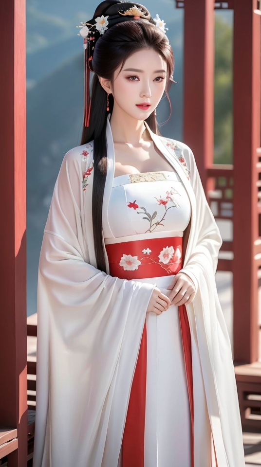 (Best quality,   masterpiece,   realistic,   4k),A girl， white Chinese style dress,Hanfu,standing,outdoors,lake,,<lora:6c07c8e4207af3fe355d79d061576f8de75cbdbd7086b75cfd27e11794a543db:0.7>