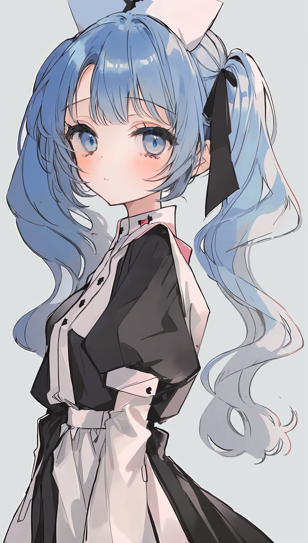 1girl,solo,nurse cap,hat,twintails,blue eyes,blue hair,blush,upper body,grey background,looking at viewer,closed mouth,bangs,puffy sleeves,dress,simple background,nurse,hair ribbon,ribbon,frills,white headwear,black dress,