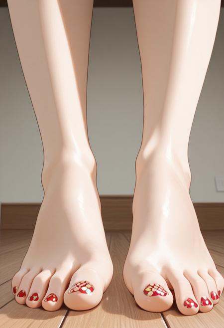 1girl, solo, barefoot, feet, wooden floor, (patterned toenail_polish), ((close-up)), lower_body, spreading toes, detailed feet, feet_focus, perfect toes, toes focus, close-up on toes, five_toes, from below