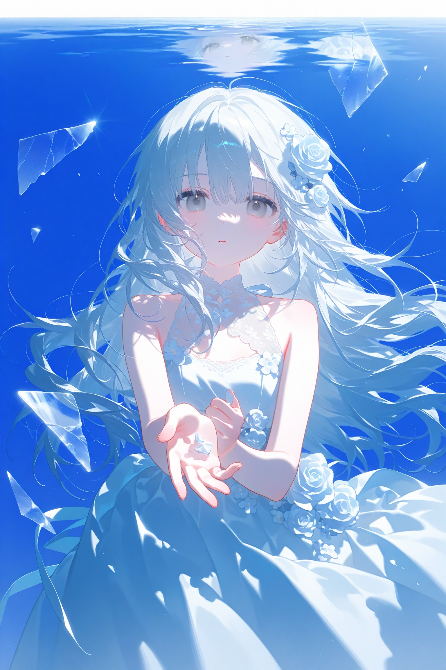 konya666,1girl,solo,long hair,dress,looking at viewer,white eyes,glass,white dress,grey eyes,white hair,flower,broken glass,white theme,dress flower,blue theme,bare shoulders,glass shards,white flower,reaching,reaching towards viewer,water,parted lips,closed mouth,sleeveless,reflection,sleeveless dress,white rose,watermark,expressionless,