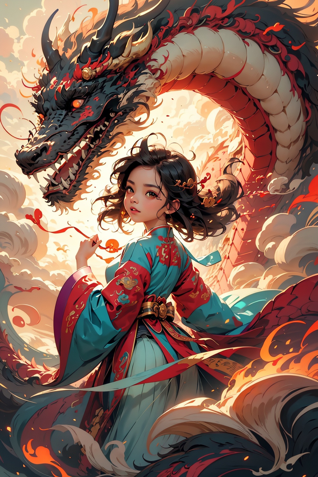 An illustrator made an illustration of a Chinese dragon and girl by magic, a Chinese girl is made of dragon and cloud, in a warm palette, two-dimensional game art style. Deep bronze and red, dynamic action, colorful brushstrokes In the vibrant and action scenes, I can't believe how beautiful it is, 2d game art, multi-layered vibrant comics,(Atmospheric),Macabre,Hellspawn,fire ,flames,fiery